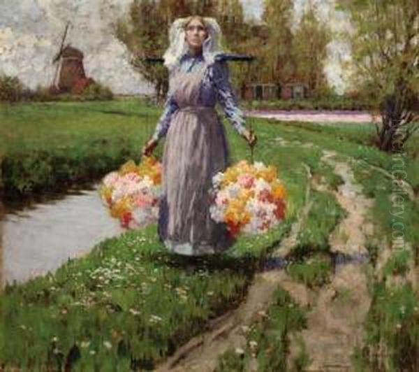 Young Maiden With Flowers Oil Painting by George Hitchcock