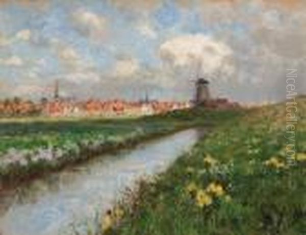 Dutch Landscape With Daffodils Oil Painting by George Hitchcock