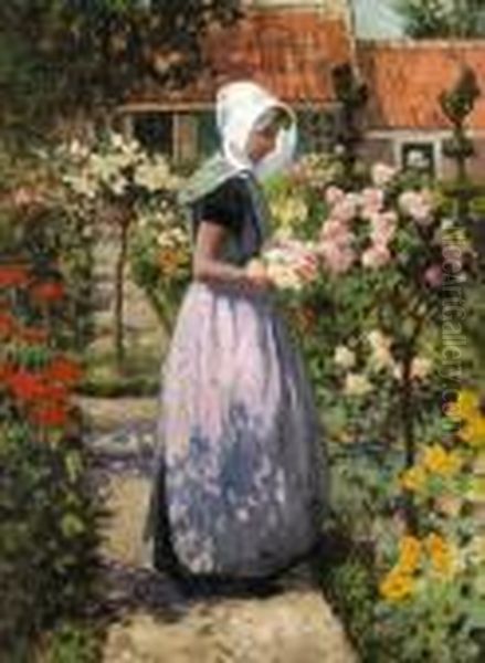 Portrait Of A Dutch Woman In A Garden Oil Painting by George Hitchcock