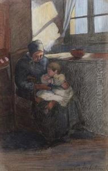 Woman And Child In An Interior Oil Painting by George Hitchcock