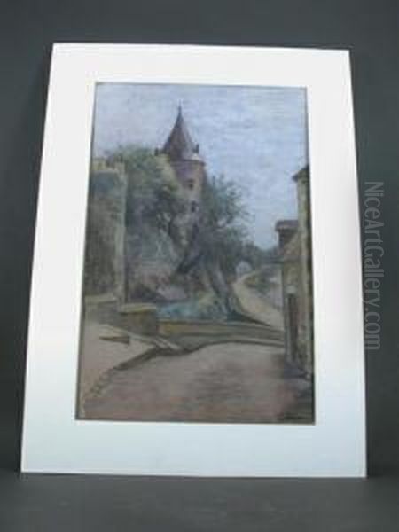 Pastel On Paper Of Aeuropean Village Scene With Tower Oil Painting by George Hitchcock