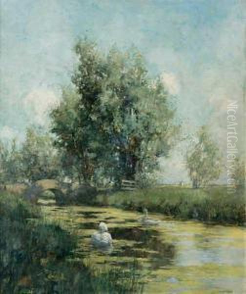 Swans By The Bridge, Holland Oil Painting by George Hitchcock