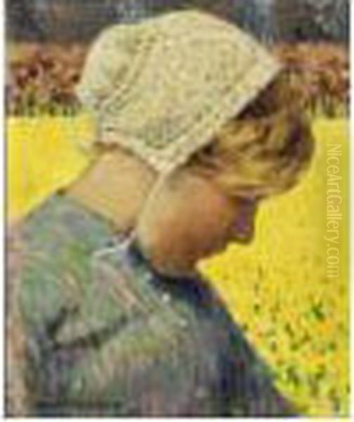 Dutch Girl Before A Daffodil Field Oil Painting by George Hitchcock