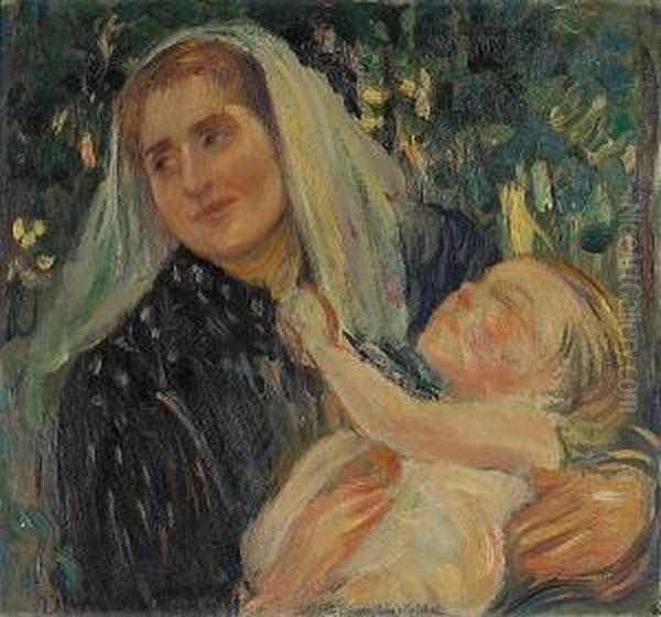 A Mother And Child Oil Painting by Dora Hitz