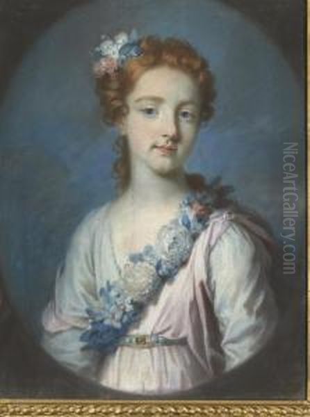 Portrait Of A Young Girl, 
Half-length, In A Pink And White Dress With A Floral Sash, Feigned Oval Oil Painting by Hoare, William, of Bath