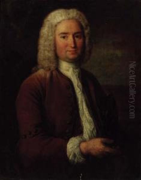 Portrait Of A Gentleman, 
Three-quarter-length, In A Brown Coat Andwaistcoat, A Tricorn Under His 
Left Arm, In A Landscape Oil Painting by Hoare, William, of Bath