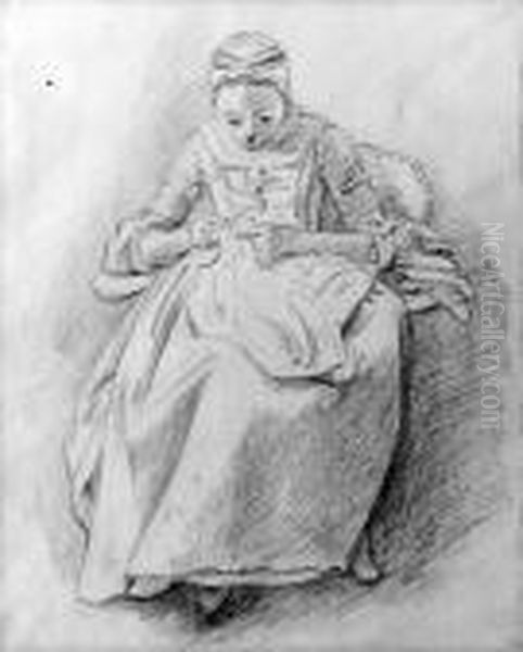 Study Of A Woman Sewing, Probably The Artist's Daughter Oil Painting by Hoare, William, of Bath