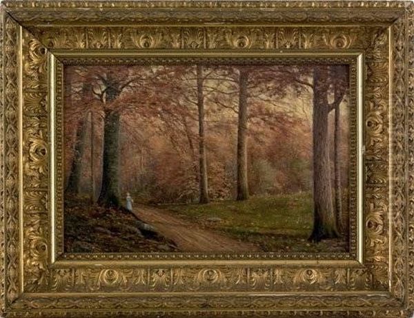 Autumn Landscape With Women Walking Down A Path Oil Painting by George Thompson Hobbs