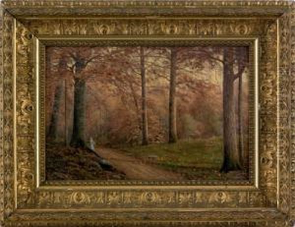 Autumn Landscape With Women Walking Down A Path Oil Painting by George Thompson Hobbs