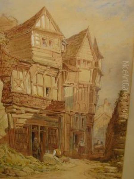 Old Town Quarter With Figures Oil Painting by Henry E. Hobson