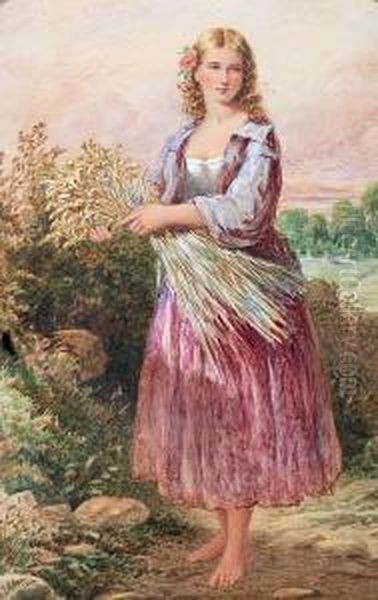 Girl With A Sheaf Of Corn Oil Painting by Henry E. Hobson