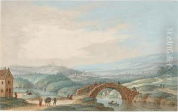 A) A River Landscape With A 
Rowing Boat And Fishermen In The Foreground; B) An Extensive Hilly 
Landscape With A Bridge Over A River Oil Painting by Johann Jakob Hoch