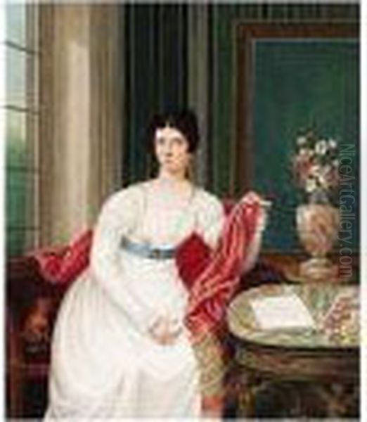 Portrait Of A Lady In An Interior With Her Pet Dog Oil Painting by Johann Jakob Hoch