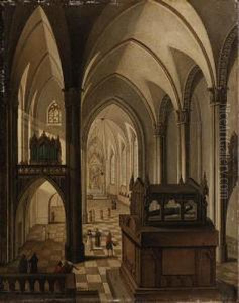 Interior Of A Gothic Cathedral With Elegant Figures Walking In Thenave Before A Tomb Oil Painting by Johann Jakob Hoch