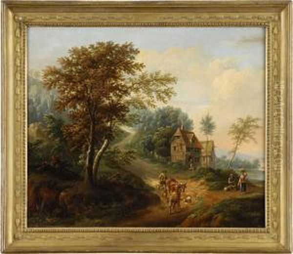 Mainlandschaft Mit Schanke Und Landvolk. Oil Painting by Franz Hochecker