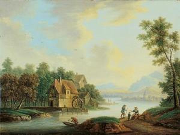 Flusslandschaft Mit Wassermuhle. Oil Painting by Franz Hochecker