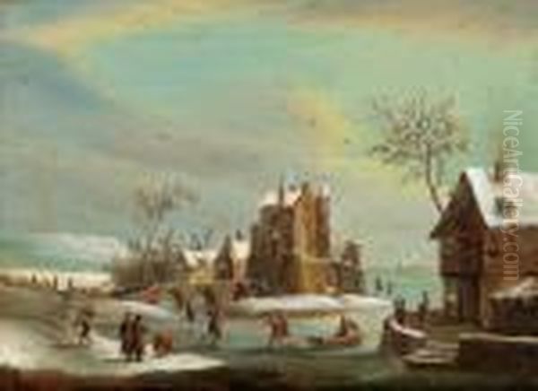 Paesaggio Invernale Con Pattinatori Sul Ghiaccio Oil Painting by Franz Hochecker