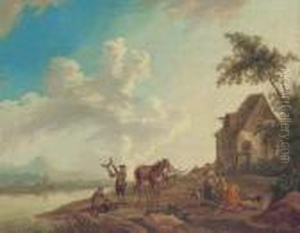 A River Landscape With Peasants Making Music By A Cottage Oil Painting by Franz Hochecker