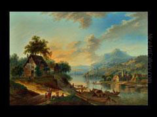 Flusslandschaft Mit Hausern Und Fischerbooten Oil Painting by Franz Hochecker