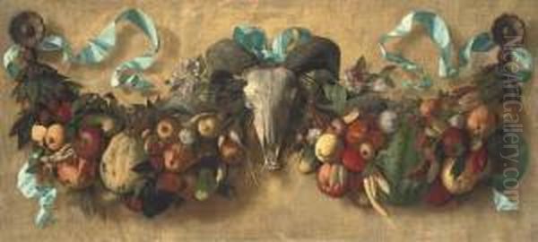 Swathes Of Fruit And Vegetables,
 Punctuated With Ribbons, A Ram'sskull And Carved Roundels Oil Painting by Daniel Hock