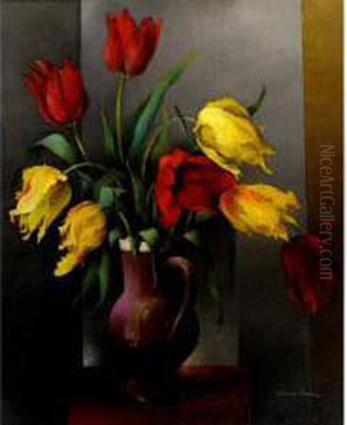 Bouquet De Tulipes Dans Un Vase En Gre Oil Painting by Pierre Hode