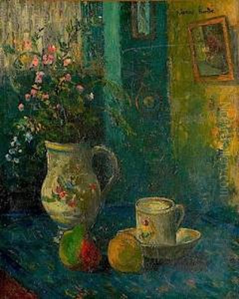 Fruits, Vase De Fleurs Et Tasse Oil Painting by Pierre Hode