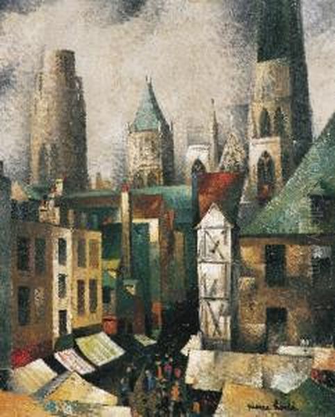 Rouen, La Rue De Lepicerie Oil Painting by Pierre Hode