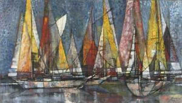 Yachts In A Harbour Oil Painting by Pierre Hode