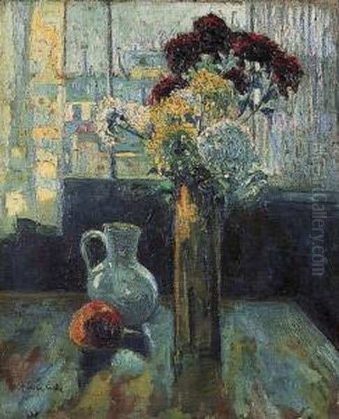 Vase De Fleurs Et Nature Morte Dans L?atelier Oil Painting by Pierre Hode