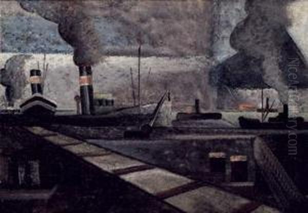 Remorqueurs Dans Un Port, Circa 1930 Oil Painting by Pierre Hode