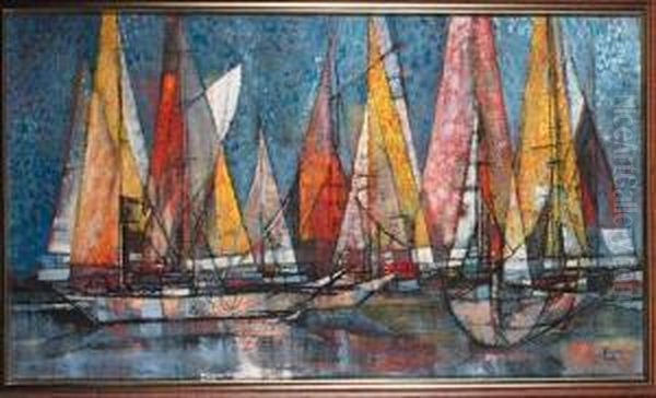 Yachts With All Sails Set In A Harbour Oil Painting by Pierre Hode