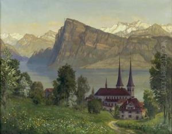 Blick Vom Wesemlin Auf Die Hofkirche Und Den Burgenstock Oil Painting by Ernst Ii Hodel