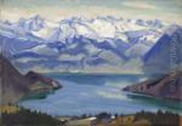 Blick Von Der Rigi Auf Den Vierwaldstattersee Und Die Schneebedeckten Berge Oil Painting by Ernst Ii Hodel