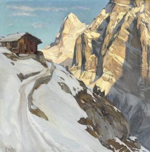 Sonnige Hochgebirgspartie Mit Chalet Im Winter Oil Painting by Ernst Ii Hodel