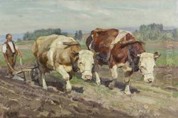 Pflugender Bauer Auf Einem Acker. Oil Painting by Ernst Ii Hodel