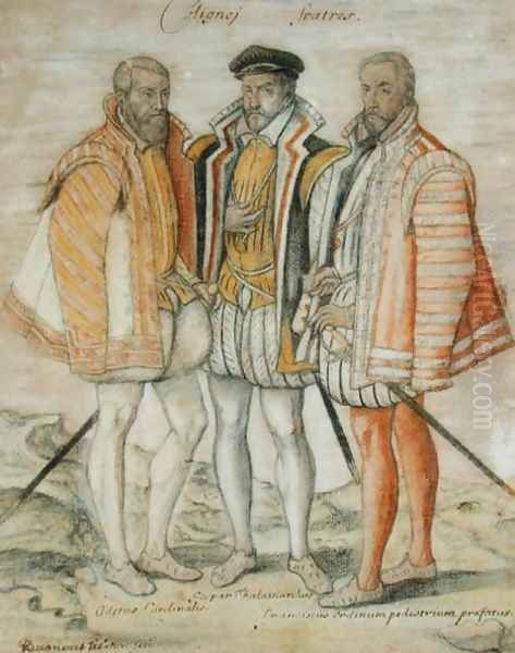 The Three Coligny Brothers: Odet (1517-71) Cardinal of Chatillon, Gaspard II (1519-72) Leader of French Protestants and Admiral of France, and Francois, Lord of Andelot, who won fame at the Battles of Dreux and Jarnac Oil Painting by (studio of) Clouet