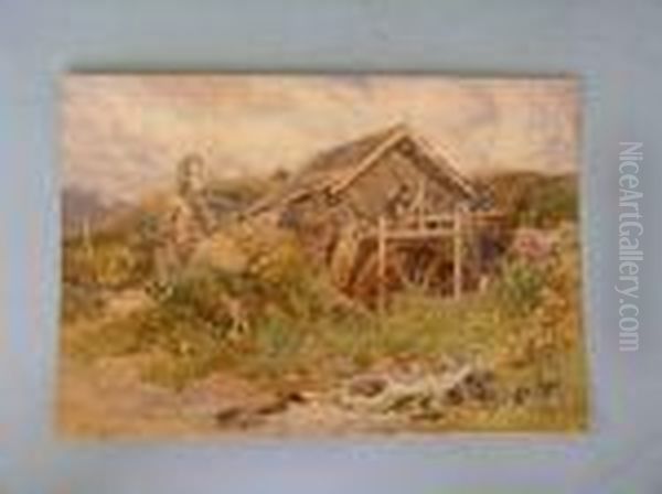 Woodcutterby A Rustic Water Mill Oil Painting by George Hodgson