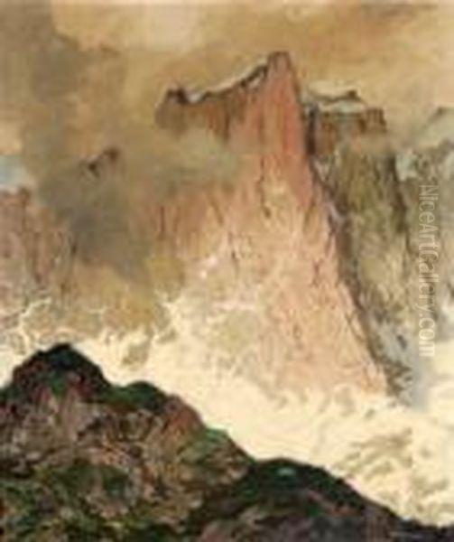 Mountain Peaks With Swathes Of Fog Oil Painting by Hugo Hodina Hodiener