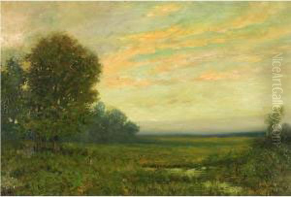 Marsh Scene At Sunset Oil Painting by Arthur Hoeber