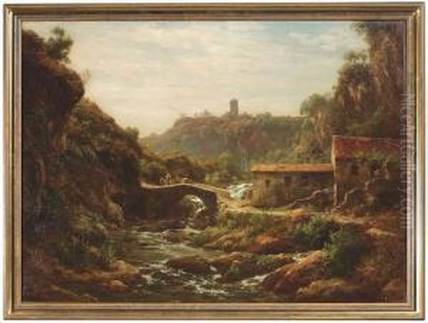 Adolph . Southern Landscape With A Homestead At An Arch Bridge Oil Painting by Adolf Joh. Hoeffler