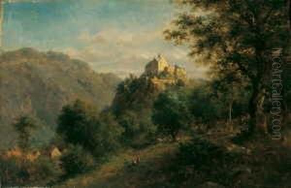 Mittelgebirgslandschaft Mit 
Hochgelegener Burg. Signiert Unten Rechts: A. Hoffler. Ol Auf Leinwand. H
 30,5; B 46,5 Cm. Provenienz: Galerie F.a.c. Prestel, Frankfurt/main. 
Auf Dem Keilrahmen Ein Klebezettel Mit Handschriftlicher Notiz: 
Landschaft A Oil Painting by Adolf Joh. Hoeffler