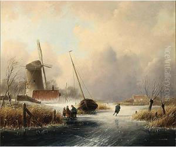 A Winter Landscape With Figures On The Ice Oil Painting by Cornelis Petrus 't Hoen