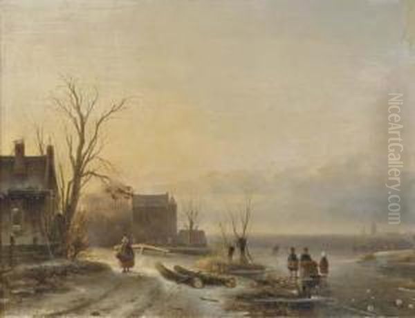 Figures On The Ice At Dusk Oil Painting by Cornelis Petrus 't Hoen