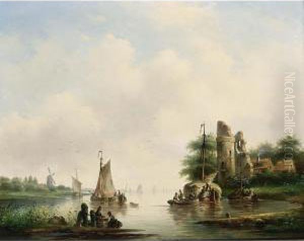 A Summer Landscape With Boats On A River Oil Painting by Cornelis Petrus 't Hoen