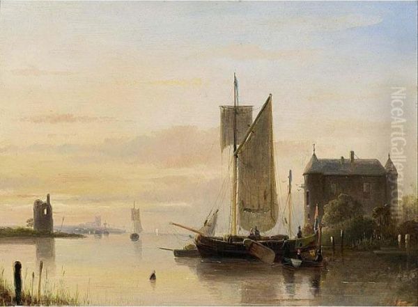 A River Landscape At Sunset Oil Painting by Cornelis Petrus 't Hoen