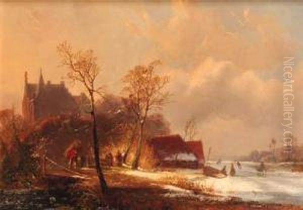 A Winter Landscape With Skaters And A Faggot-gatherer By Afortified Mansion Oil Painting by Cornelis Petrus 't Hoen