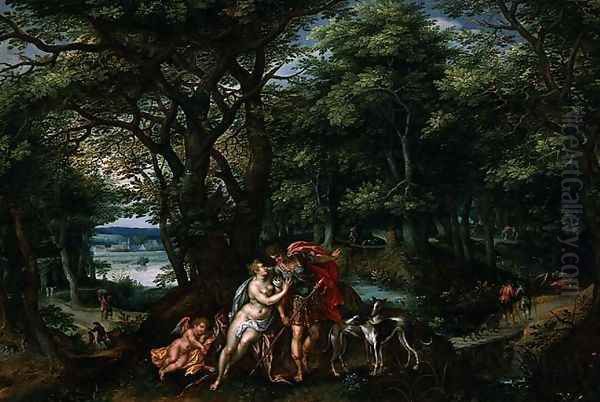 Venus and Adonis in a Wooded Landscape, 1607 Oil Painting by Hendrick De Clerck