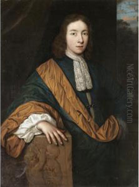 Portrait Of A Gentleman, Three-quarter Length, Wearing A Blue Cloak With A Yellow Sash Oil Painting by Gerard Hoet