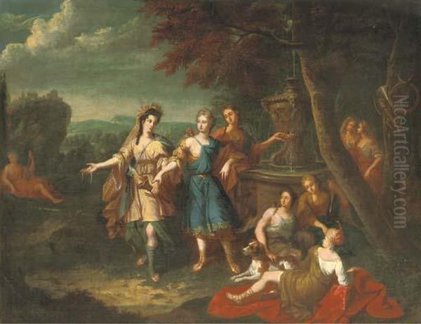 Diana And Her Nymphs By A Fountain Oil Painting by Gerard Hoet