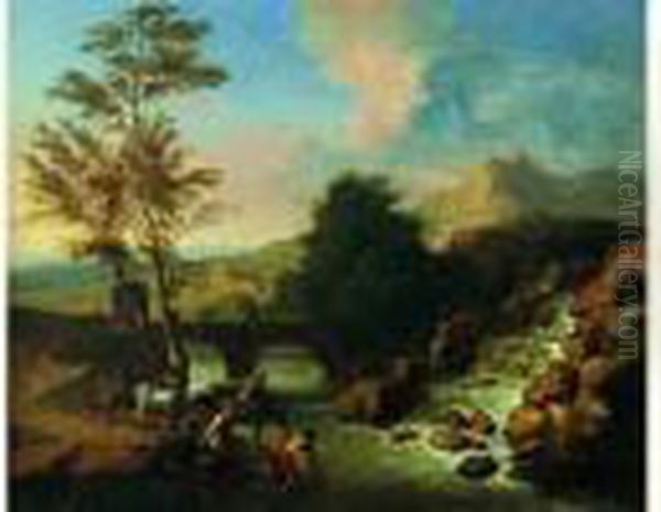 Paysans Et Leur Monture Pres D'une Riviere Oil Painting by Gerard Hoet